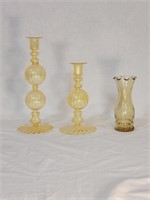 Two Yellow Thin Glass Candle Holders & Yellow Vase