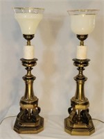 Two Matching Vintage Brass Table Lamps w/Marble
