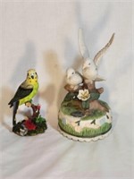 Two Bird Figurines:  Pair of Doves & Parakeet