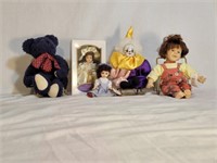 4 Various Dolls & Blue Teddy Bear
