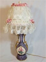 Vintage Porcelain Table Lamp w/Lace Shade 26" Tall