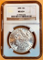 Rare Grade NGC MS63+ 1890 Morgan Silver Dollar,