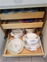 Placemats, Corning ware dishes and lids, Pyrex