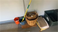 Lot of rugs, baskets, buckets, and more