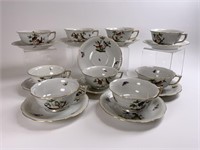 9 Herend Rothschild Bird Tea Cups & Saucers