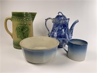 Early Blue/White Coffee Pot & Stoneware Pitcher