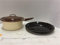 Enamel ware. Brown/ Cream pot w/ lid & black