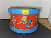 Vintage toy drum. Metal. 4in H x 6in diam.