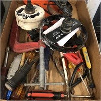 TRAY OF MISC TOOLS, HOLE SAWS, MISC