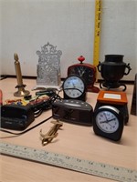 Clocks, cast letter holder and misc
