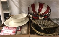 2 TRAYS- HANGING DECOR, MISC DISHES
