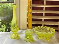 Vaseline Glass Vase, Bowl & Candle Holder