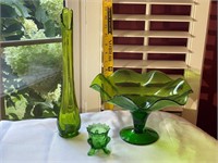 Green Glass Vase, Bowl & Cup