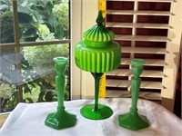 Green Candle Holders & Covered Dish