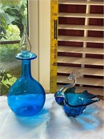 Blue Art Glass Crested Bird Dish & Decanter