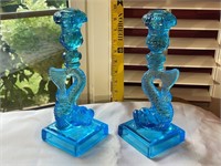 Pair of Blue Pressed Glass Dolphin Candlesticks