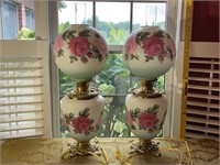 Pair of Rose Pattern Parlor Lamps