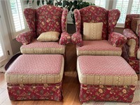 Pair of Hickory Hill Wingback Chairs & Ottomans