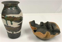 Raku Style Vase and Free-Form Bowl