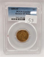 1854-O $3 Gold PCGS XF Detail-Scratch