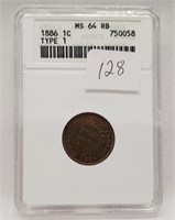 1886 T.1 Cent ANACS MS 64 RB