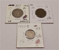 1871 Two Cent; 1887-S Dime; 1857 Quarter G-VG