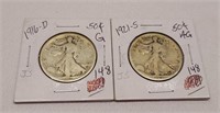 1916-D Half Dollar G; ’21-S Half Dollar AG