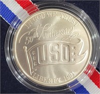 1991 90% Silver Dollar USO 50TH anniversary