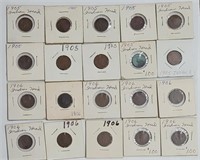 Lot of 20 Indian Head Pennies 10 x 1905, 10 x 1906