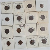 Lot of 16 Indian Head Pennies 1903 x 5, 1902 x 9,