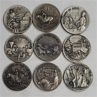Lot of 9 Pewter Silver Dollar SIzed Western Rounds