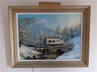 Signed Original Winter Scene Oil by JE Bahut