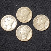 Lot of (4) 1920-1930s Silver Mercury Dimes