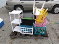 pallet of plastic shelving, crates & more