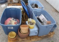 pallet with tubs, pots and garden supply