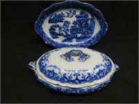 A Flow Blue Bowl and Platter