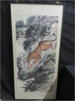 SIGNED ORIENTAL WATERCOLOUR OF LEAPING TIGER