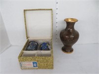 PAIR CLOISONNE CUPS IN GIFT BOX & VASE ON STAND