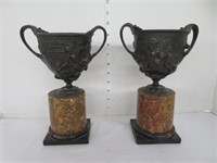 PAIR BRONZED 9 ' URNS ON MARBLE BASES