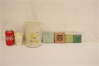 Decorative Tiles x 4, Cup and Pottery Container
