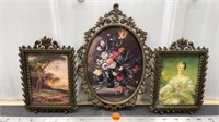 3 ornate metal framed pictures