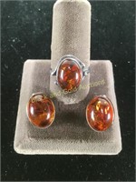 925 silver & Amber ring & earrings size 6