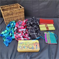 Wicker Basket with Scarves, Wallets, tin