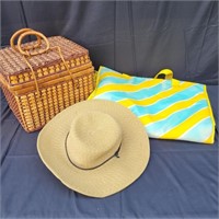 Picnic Basket, Beach Mat and sun hat