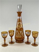 Amber Cut To Clear Decanter & Cup Set