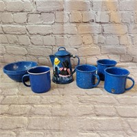 Blue Speckled Enamelware Mugs, Bowls, and Coffee