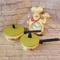 2 Pots with Lids and Chef Clock