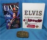 Elvis Brass Belt Buckle, VHS & Sealed DVD Movies