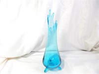 Vntg LE Smith Teal Swung Glass Vase Tripod 11"