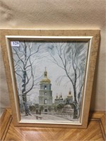 WATERCOLOR CHURCH SCENE SIGNED AS PICTURED NOT